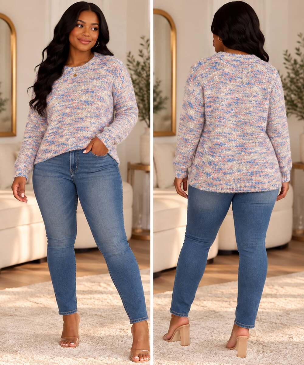 Coquette Pastel Confetti Fuzzy Knit Crewneck Sweater Pink Blue Size L